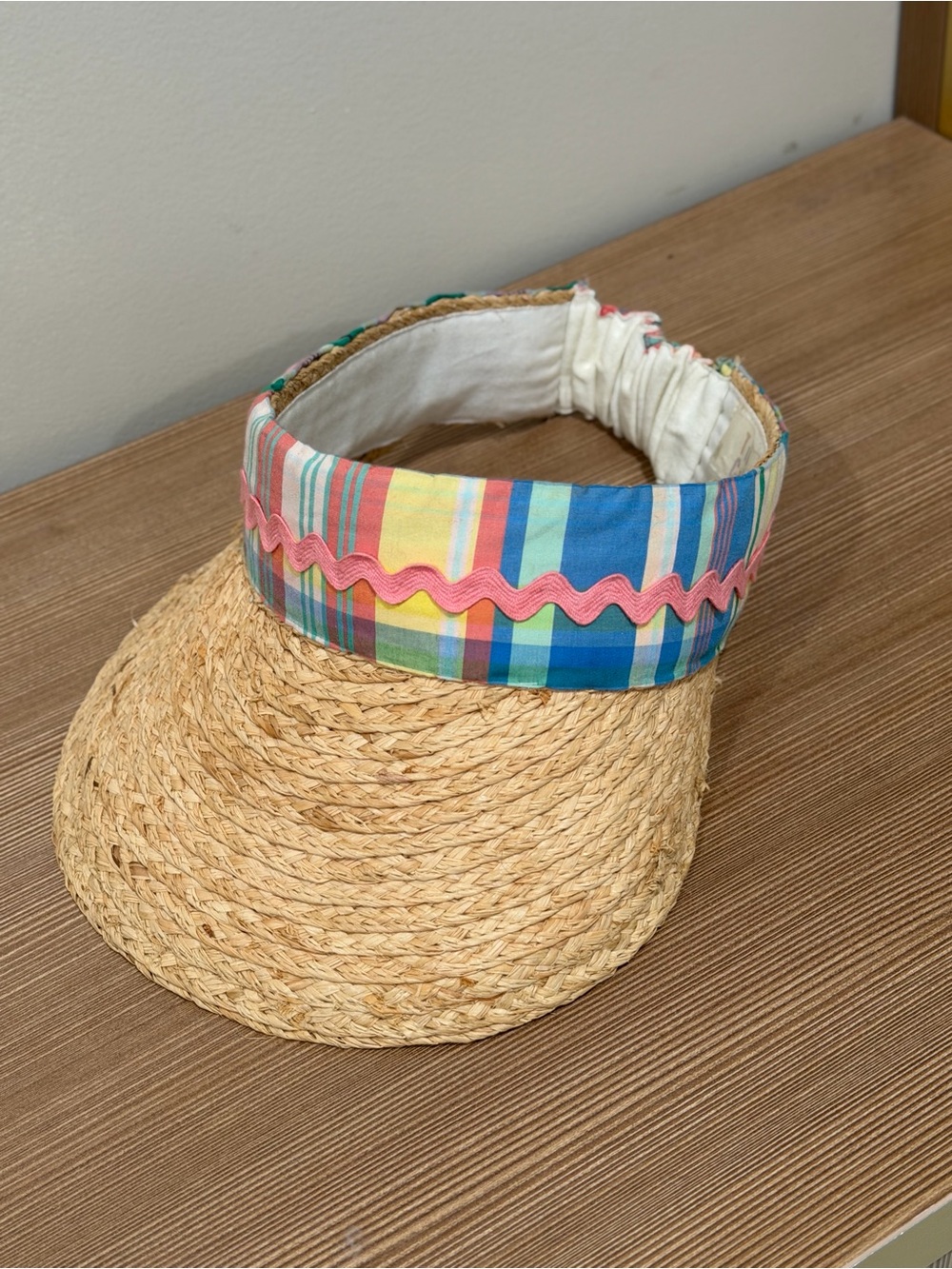 Tia Cibani Plaid Transylvania Straw Sun Visor Hat Rickrack Trim Elastic Back s/m